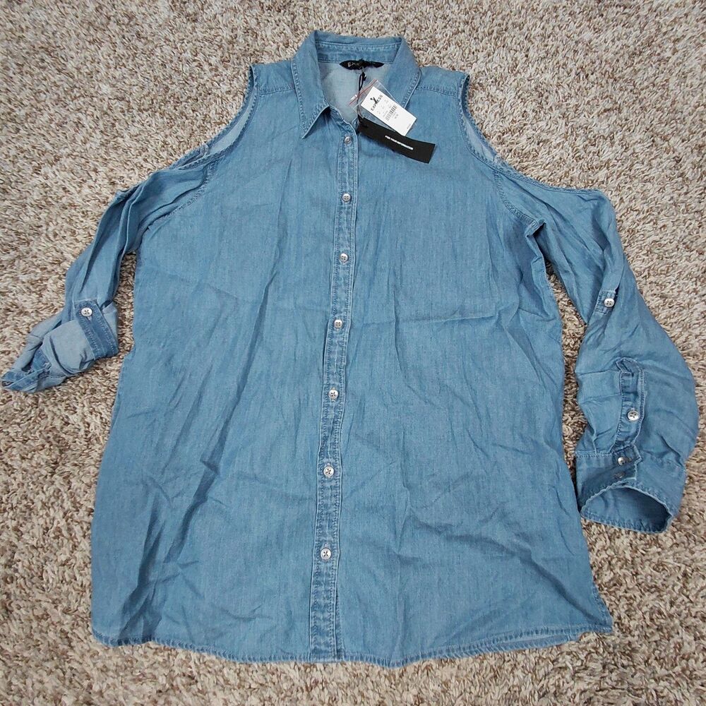 NEW Express Cold Shoulder Chambray Shirt Womens Medium Blue Button Up Roll Tab